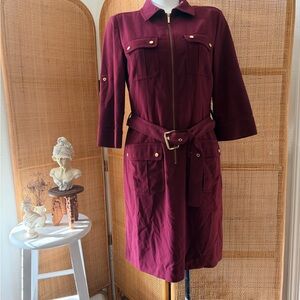 Michael Kors Burgundy Utility Belted Dress